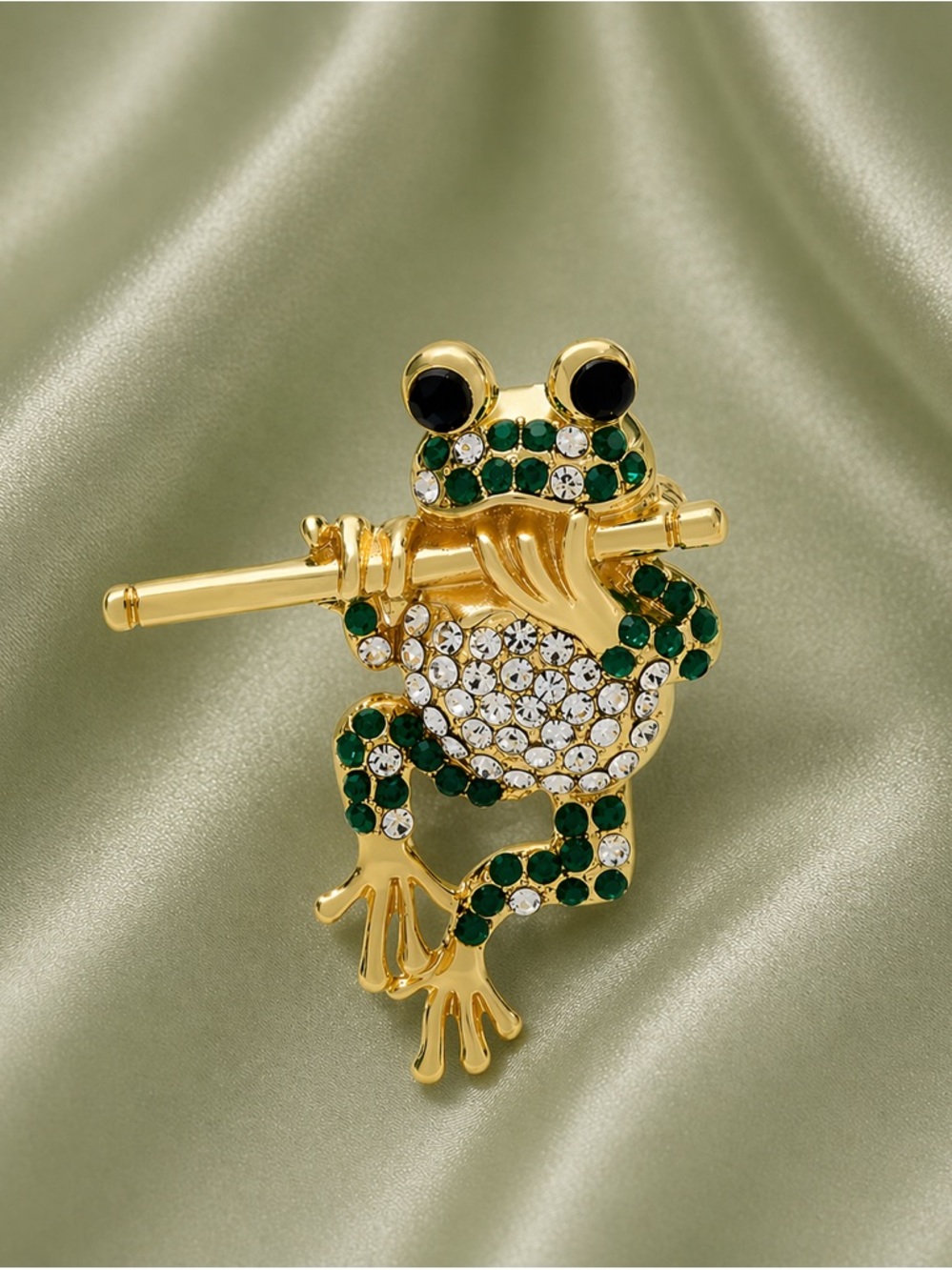 Musical Frog Green Crystal Gold Brooch